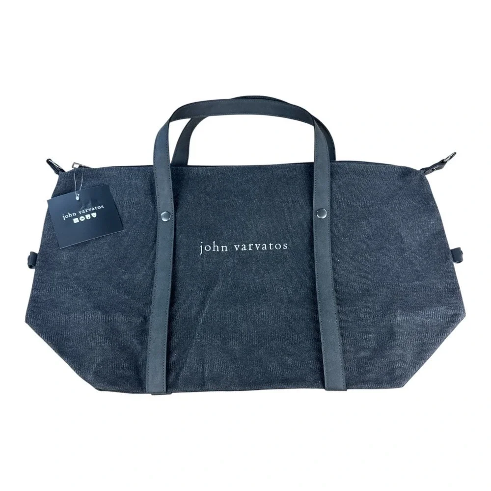 John Varvatos Mens Charcoal Grey Canvas Weekender Travel Bag with Strap NEW